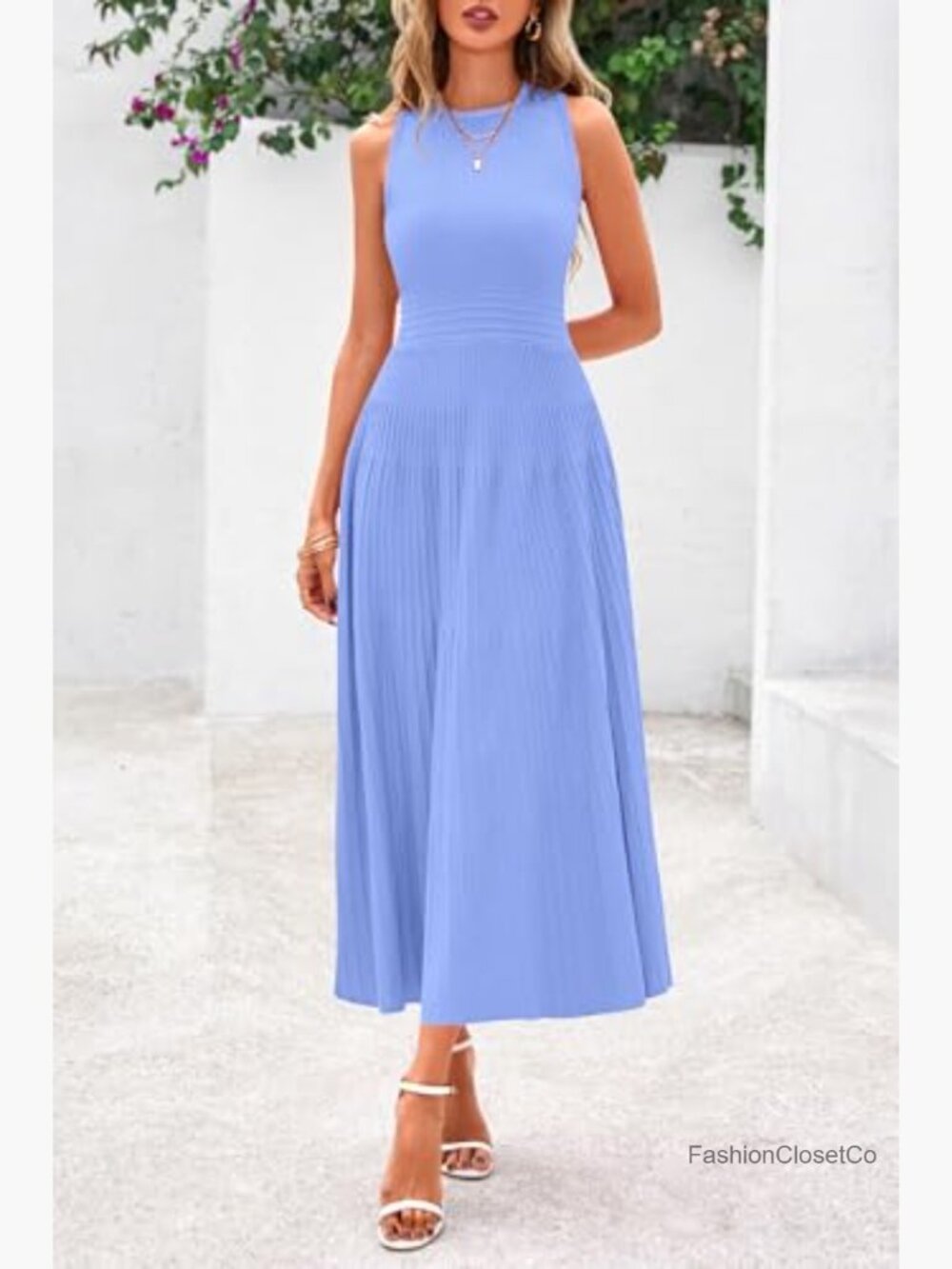 Sleeveless A-Line Pleated Midi Dress - Crew Neck Casual Cocktail Work Dress - Picture 3 of 7